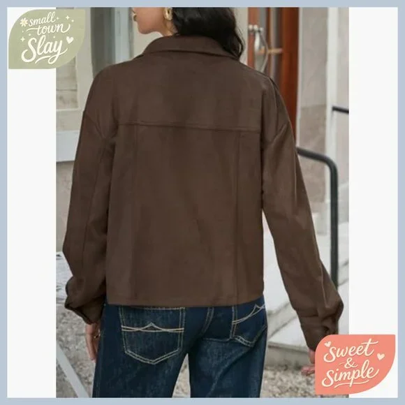 Cropped Faux Suede Jacket Lapel Collar Button Down Casual Winter Shacket - Picture 4 of 6
